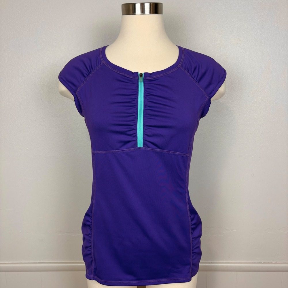 Athleta Intrepid Cap Sleeve Front Zip Top Sz S Electric Purple Sun Shield UPF 50